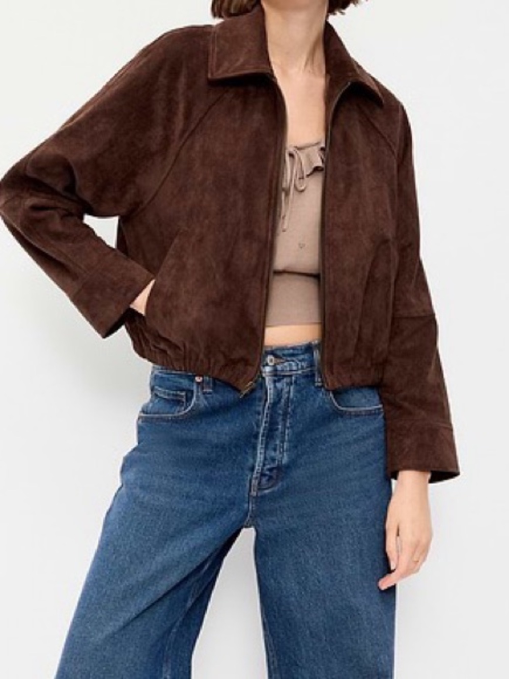 Full-Zip Faux-Suede Harrington Jacket